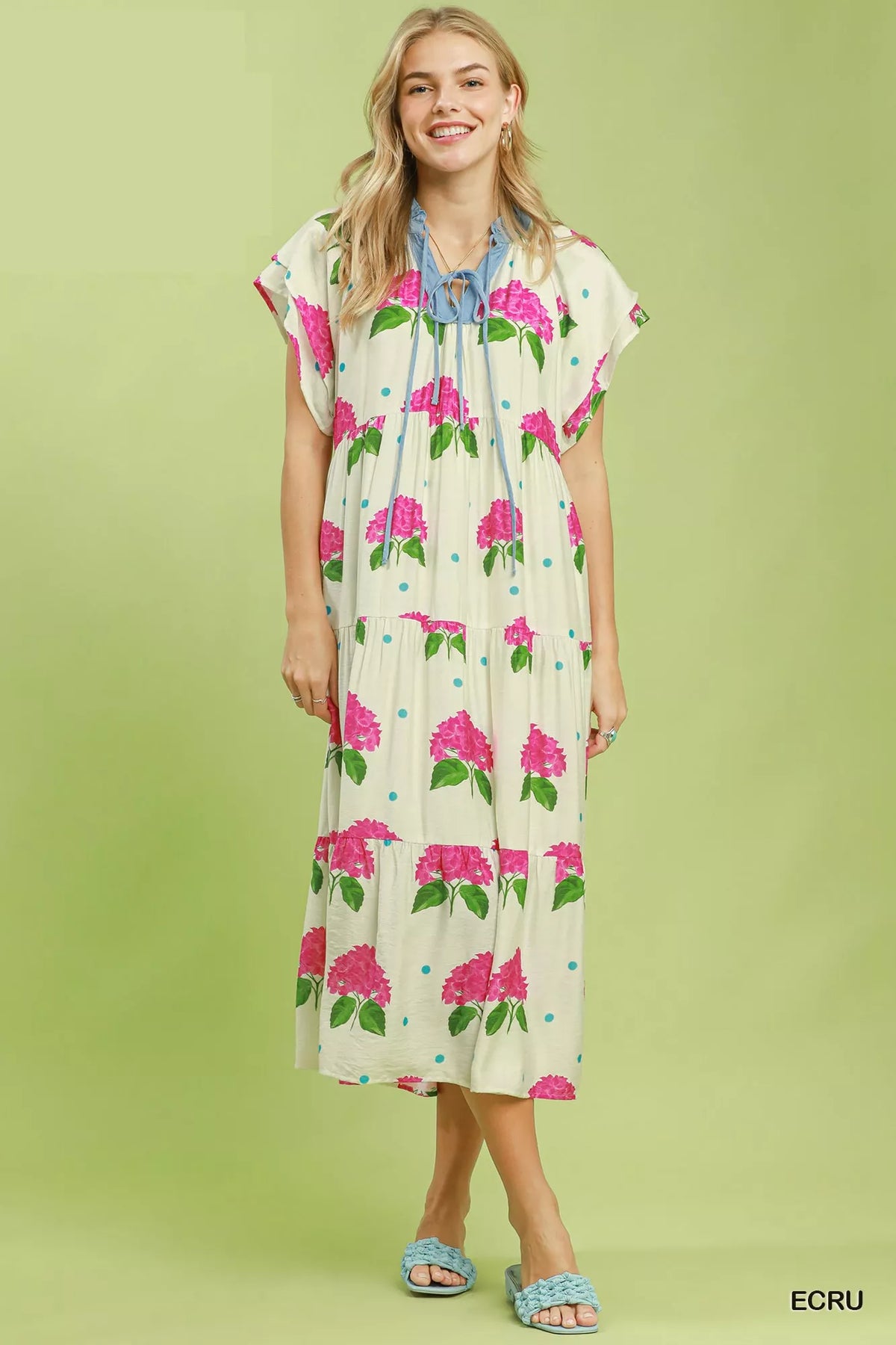 Umgee Hydrangea print tiered midi dress with flowy fabric and sleeveless design, perfect for casual or summer wear.