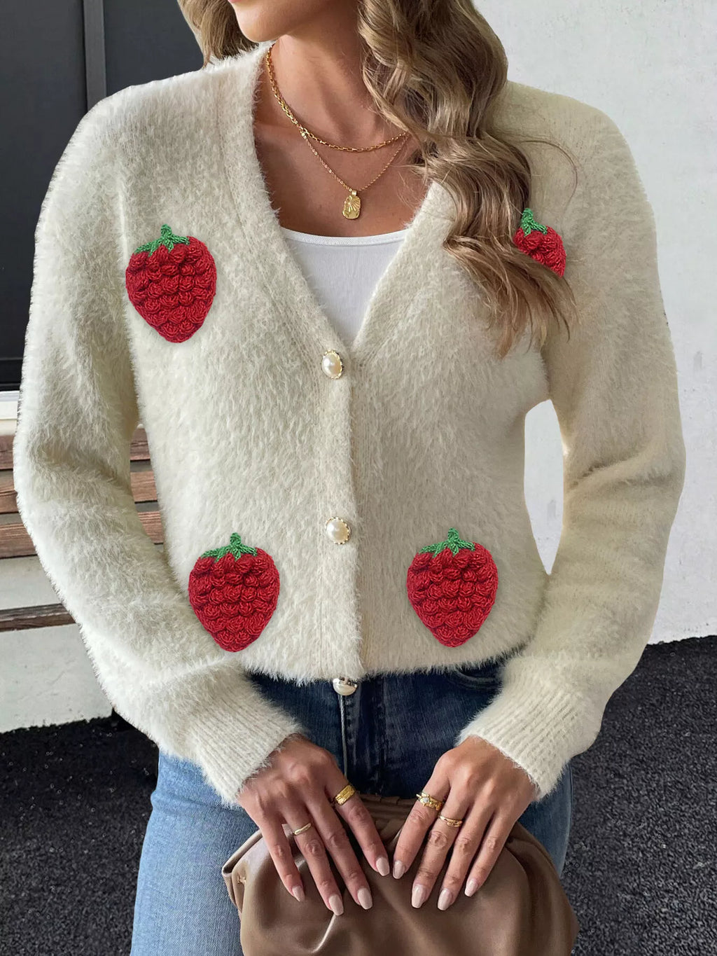Fuzzy knit cardigan with strawberry appliques, view 3