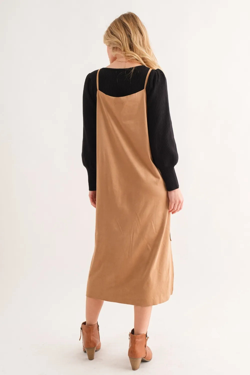 And The Why faux suede slit cami midi dress by Trendsi, featuring a cut edge design and midi length, shown in a soft suede fabric.