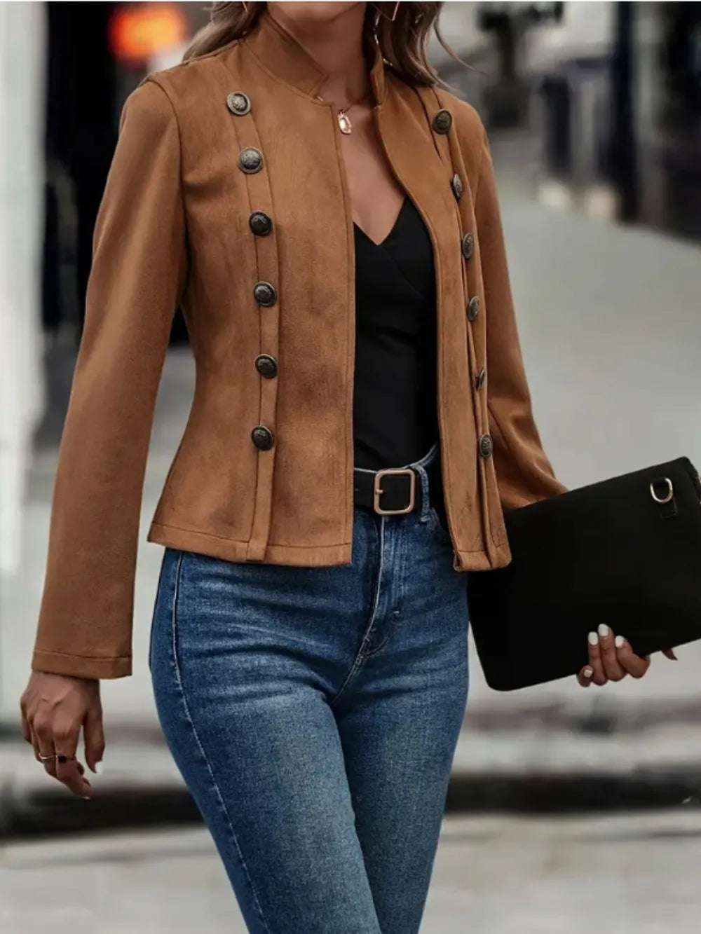 Open-front long sleeve jacket with decorative buttons, view 4