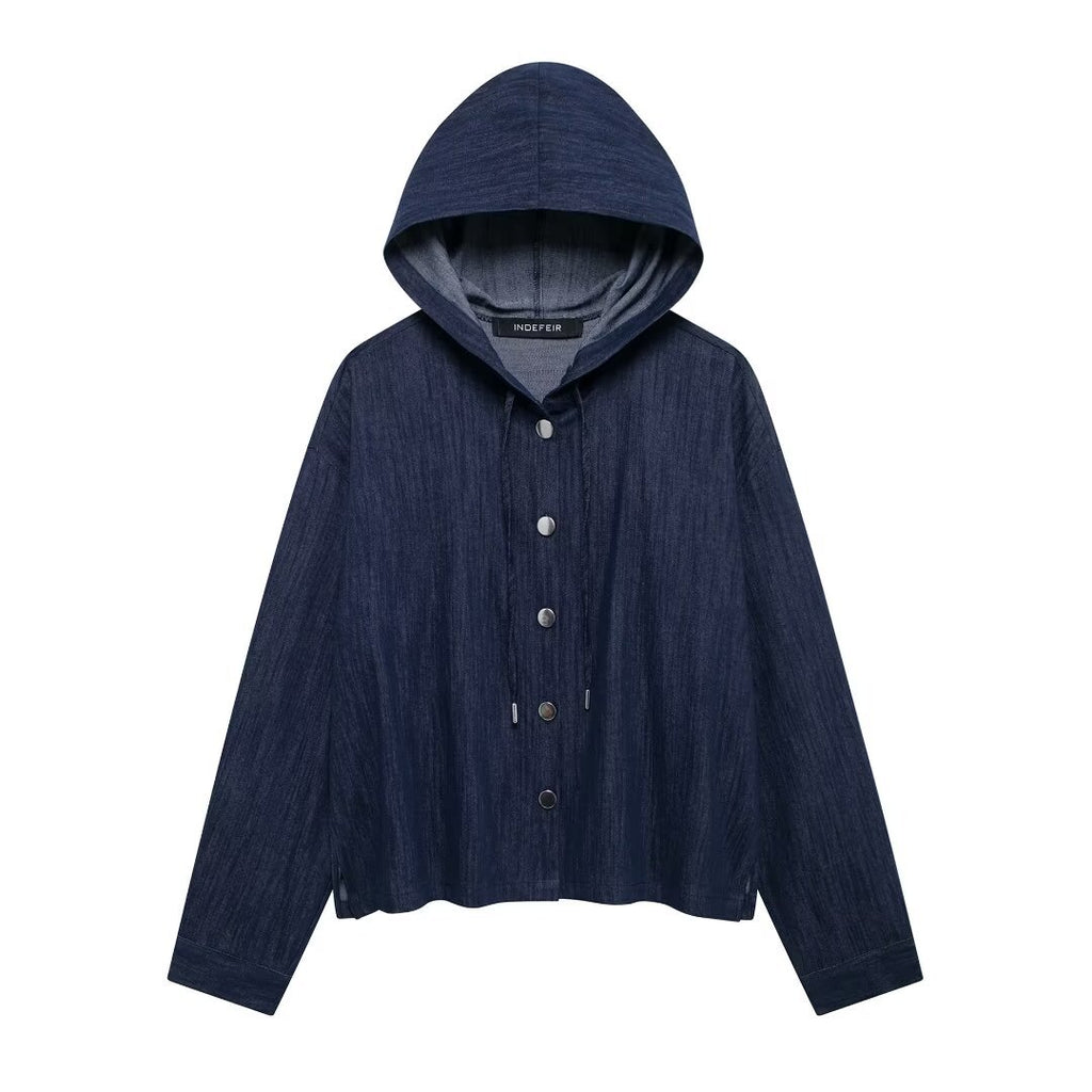 Casual Chic Women Denim Suit Solid Button Hooded Blouse Drawstring Straight Pants New Fashion Suits