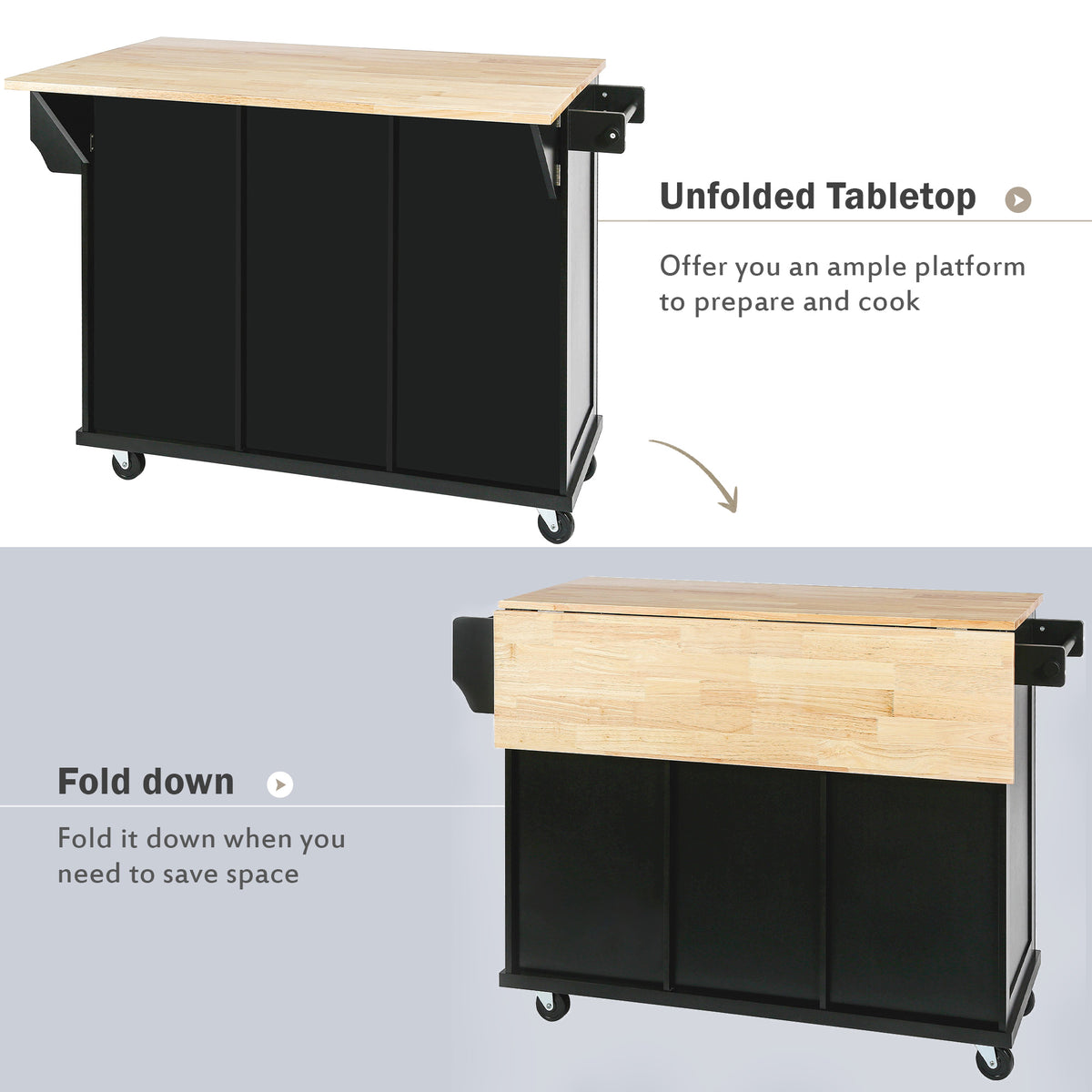 Black Rolling Kitchen Island with Drop-Leaf Top & Storage