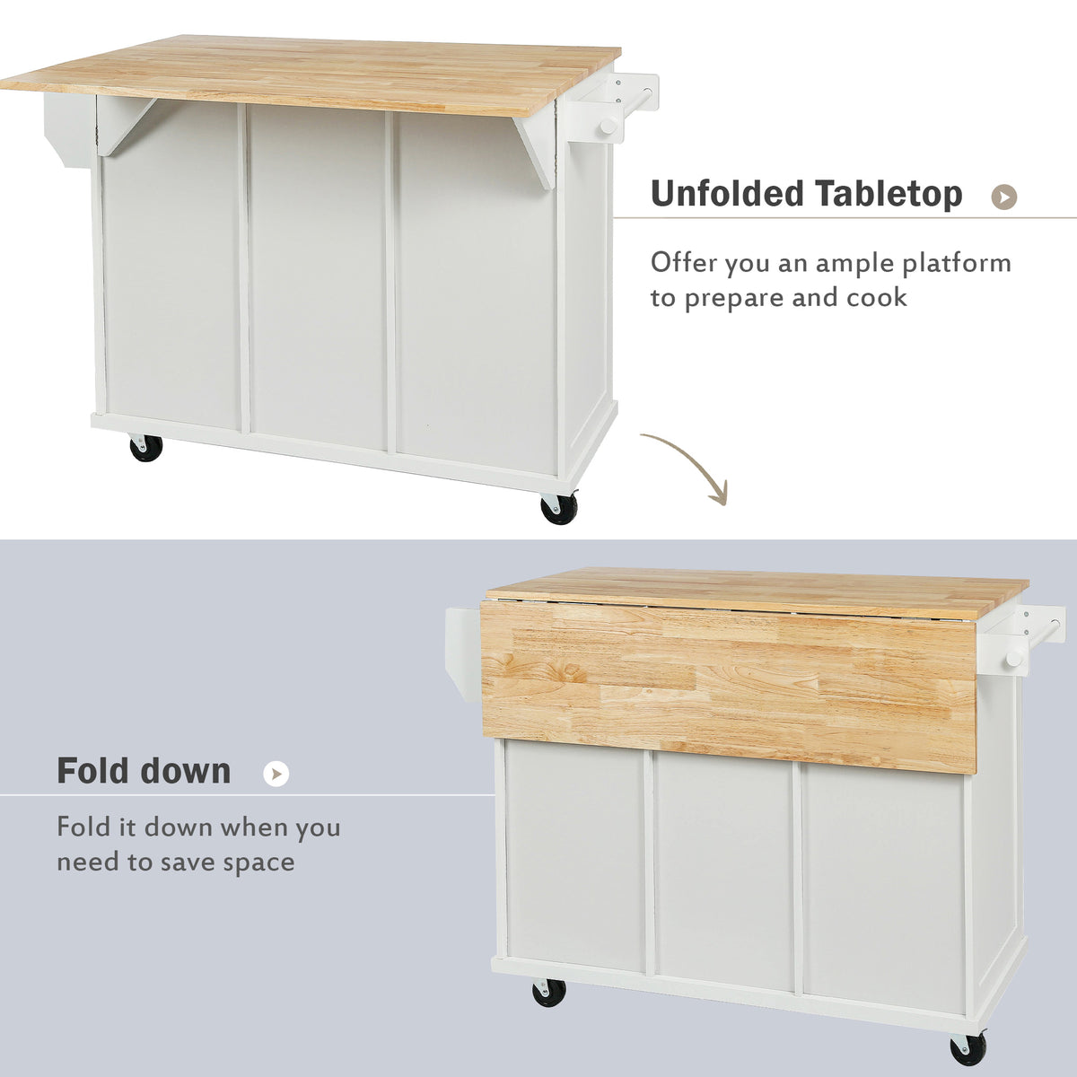 White Rolling Kitchen Island with Drop-Leaf Top & Storage