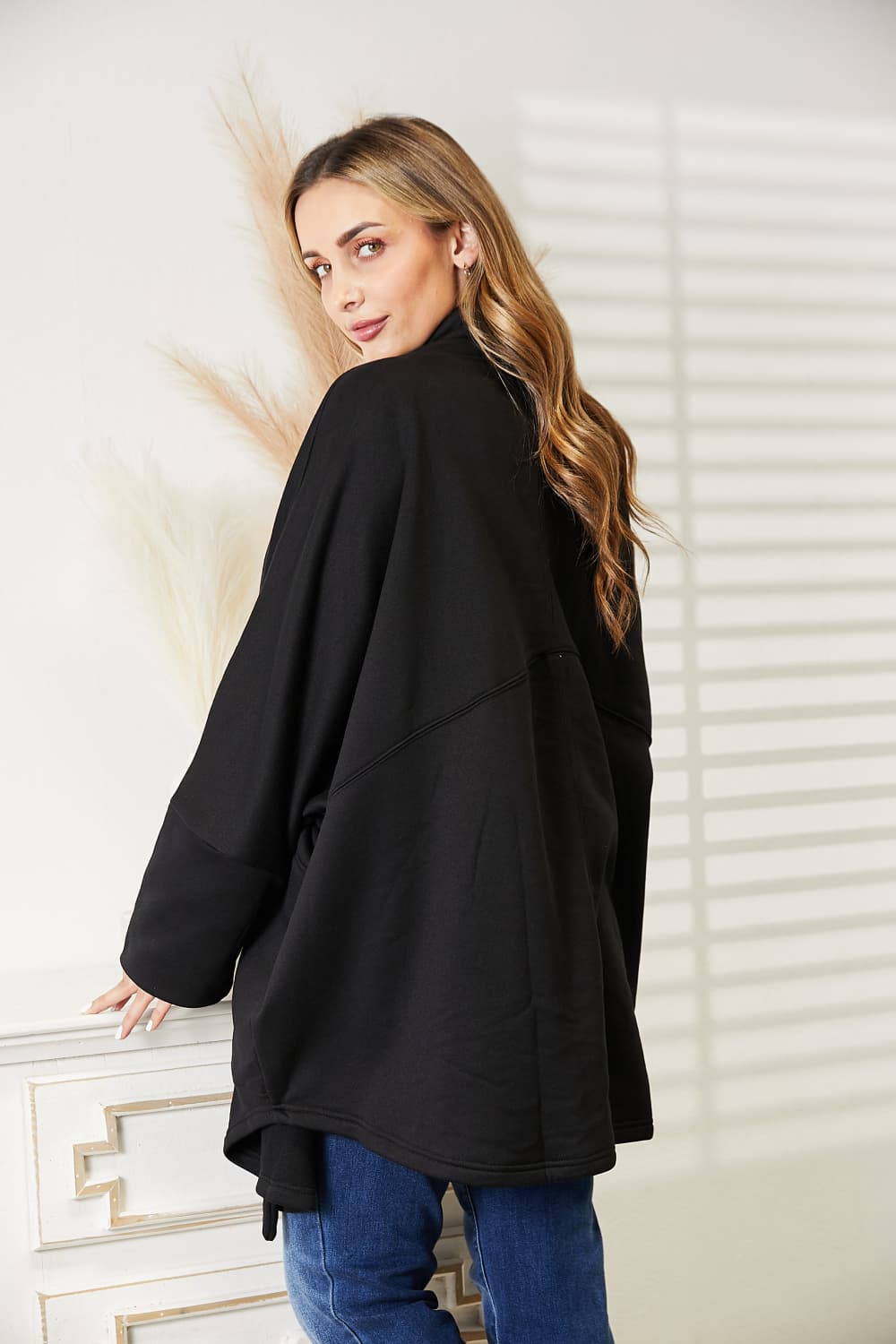 HEYSON full size open front cardigan with scarf design, featuring a cozy, stylish knit pattern and relaxed fit.