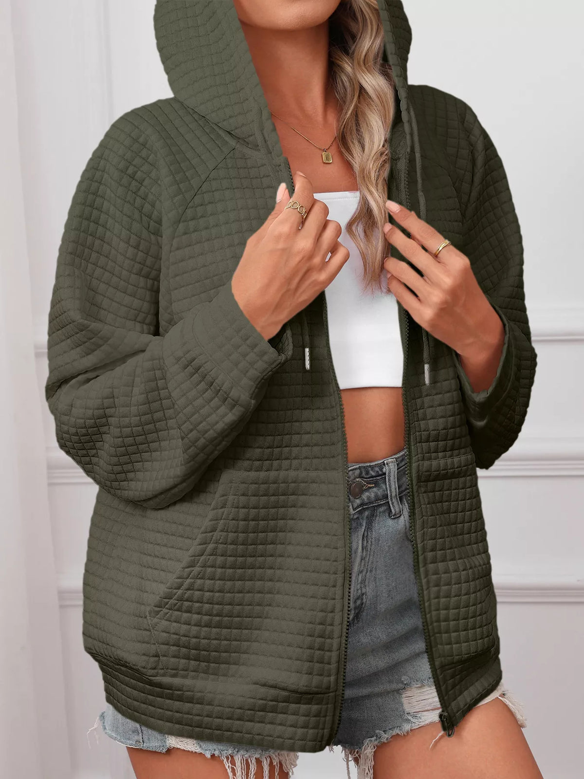 Plus size textured quilted zip-up hooded jacket, view 13