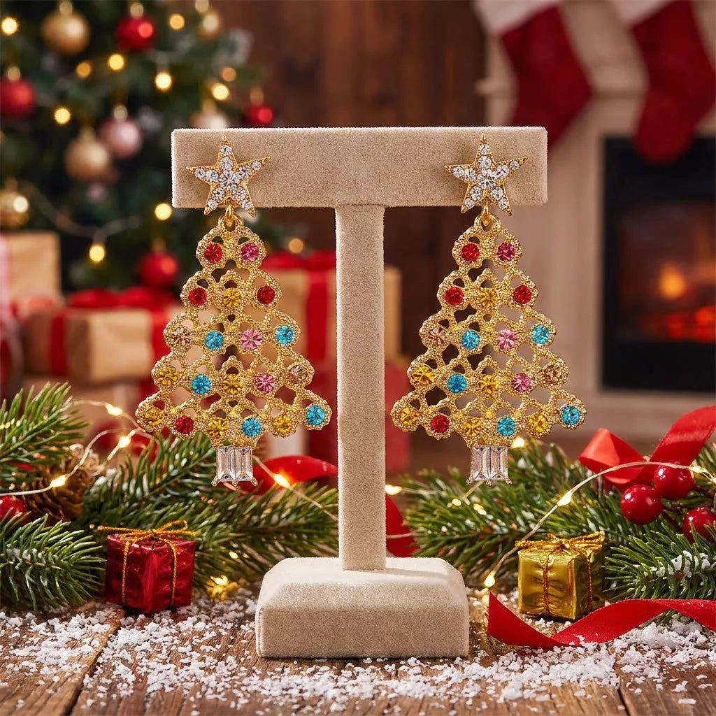 Christmas tree dangle earrings with zircon