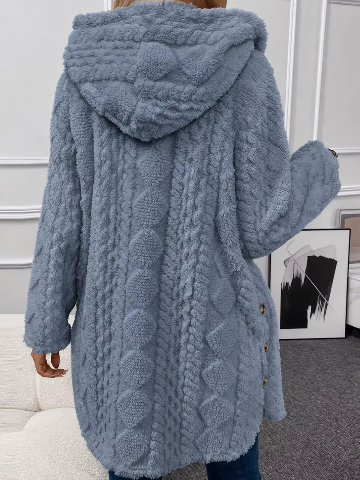 Plus size cozy cable-knit faux fur hooded outerwear by Trendsi, featuring a full-size plush faux fur-lined hood and cable-knit design.