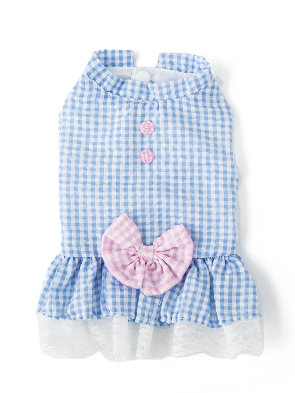Pink gingham ruffle lace pet dress with bow and ruffle details, perfect for small dogs or pets, from Trendsi.