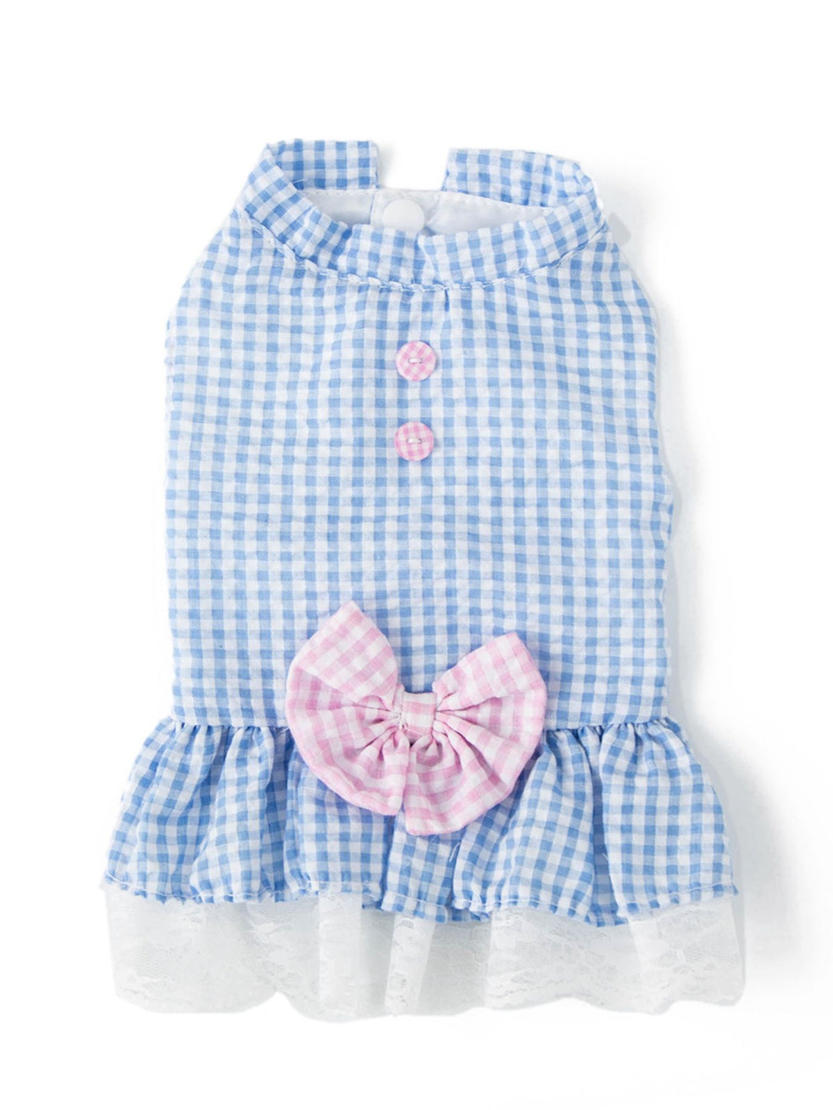 Pink gingham ruffle lace pet dress with bow and ruffle details, perfect for small dogs or pets, from Trendsi.