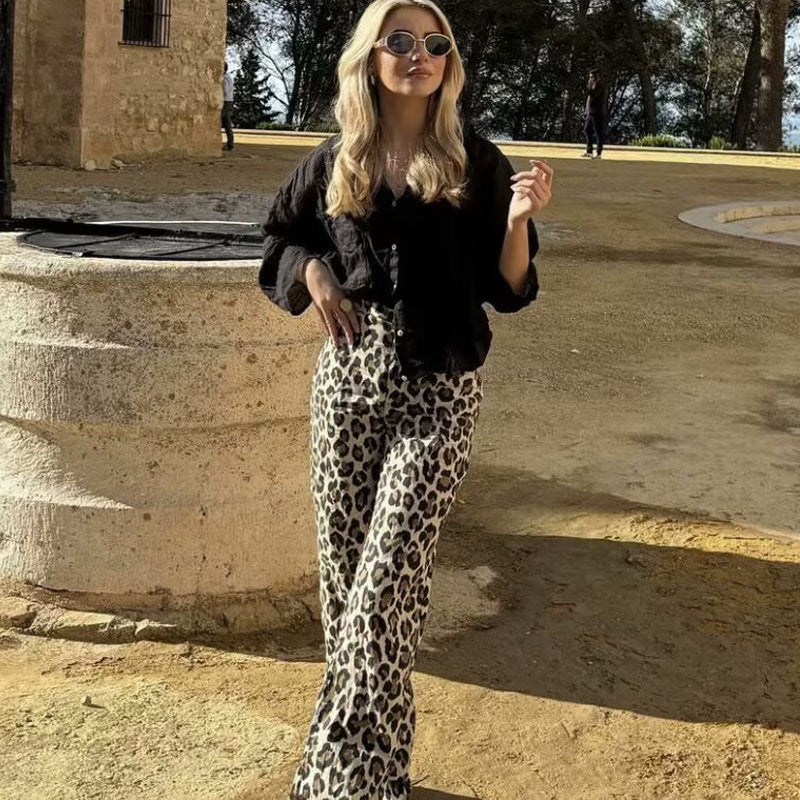 Women's Leopard-Print Wide-Leg Sport Pants