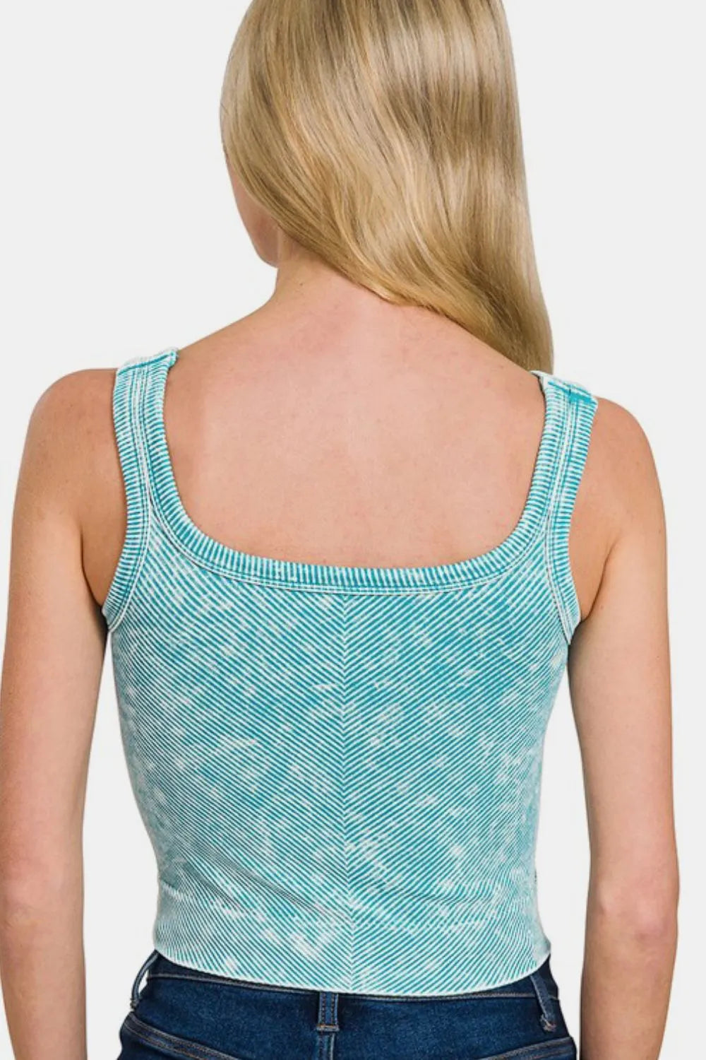Zenana washed ribbed scoop neck wide strap tank top, neutral color, close-up of fabric texture and stylish fit.