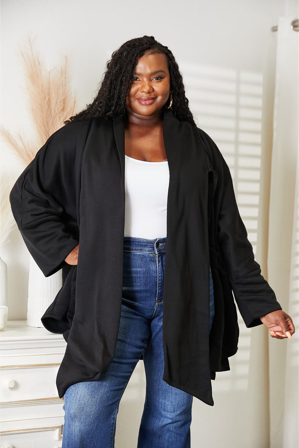 Trendsi HEYSON full size open front cardigan featuring a scarf design, soft knit fabric, and casual style for women.