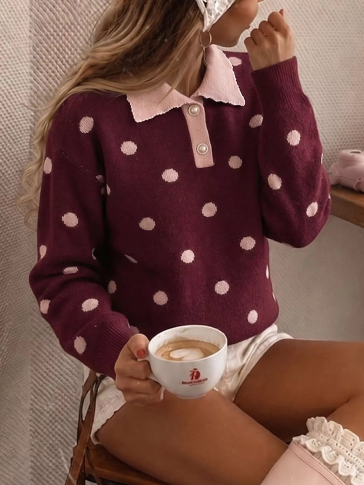 Burgundy polka dot collared sweater, view 4