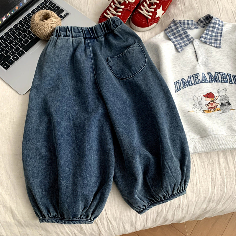 Girls' Cotton Denim Lantern Pants – Blue