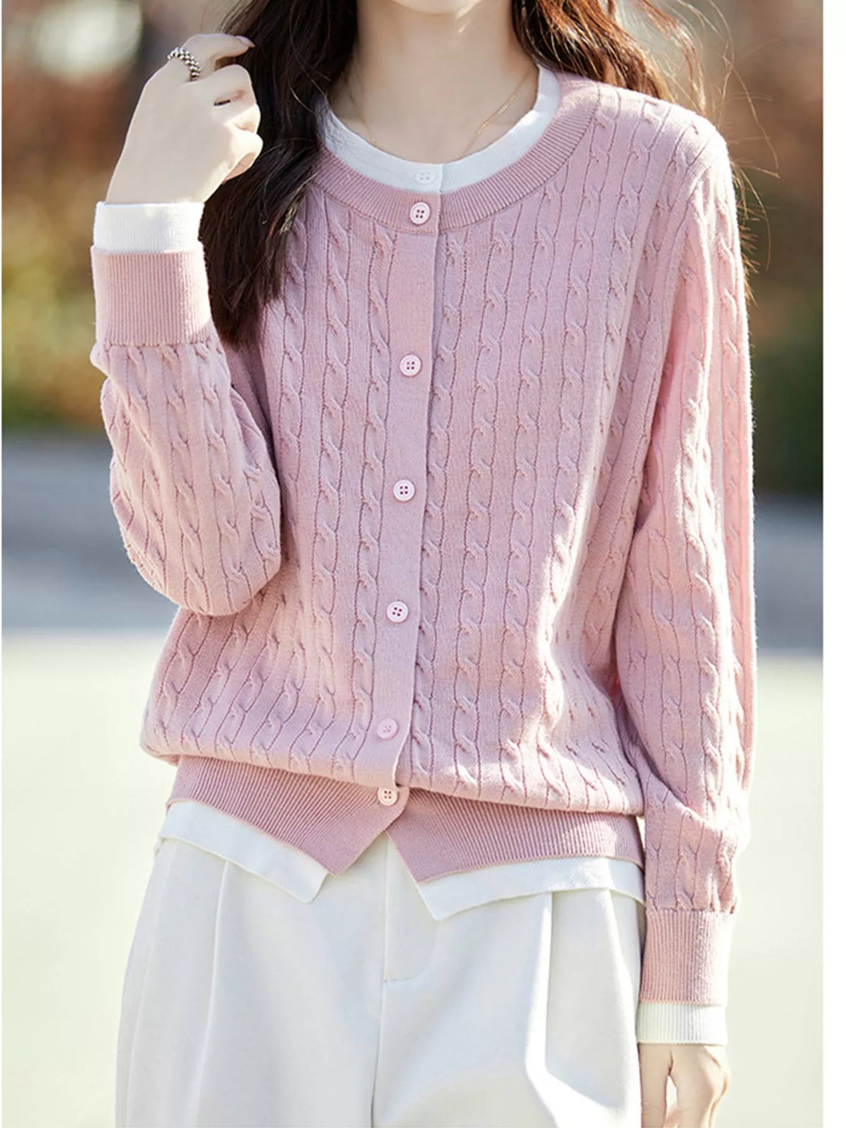 Cable-knit button-down cardigan, view 9