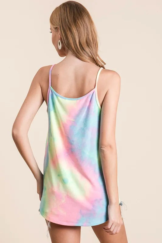 Colorful BiBi tie-dye Terry caged neck knit camisole by Trendsi with a sleeveless design and unique caged neckline.