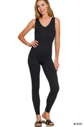 Zenana breathable seamless ribbed sports jumpsuit in black, featuring a fitted design and athletic style for active wear.
