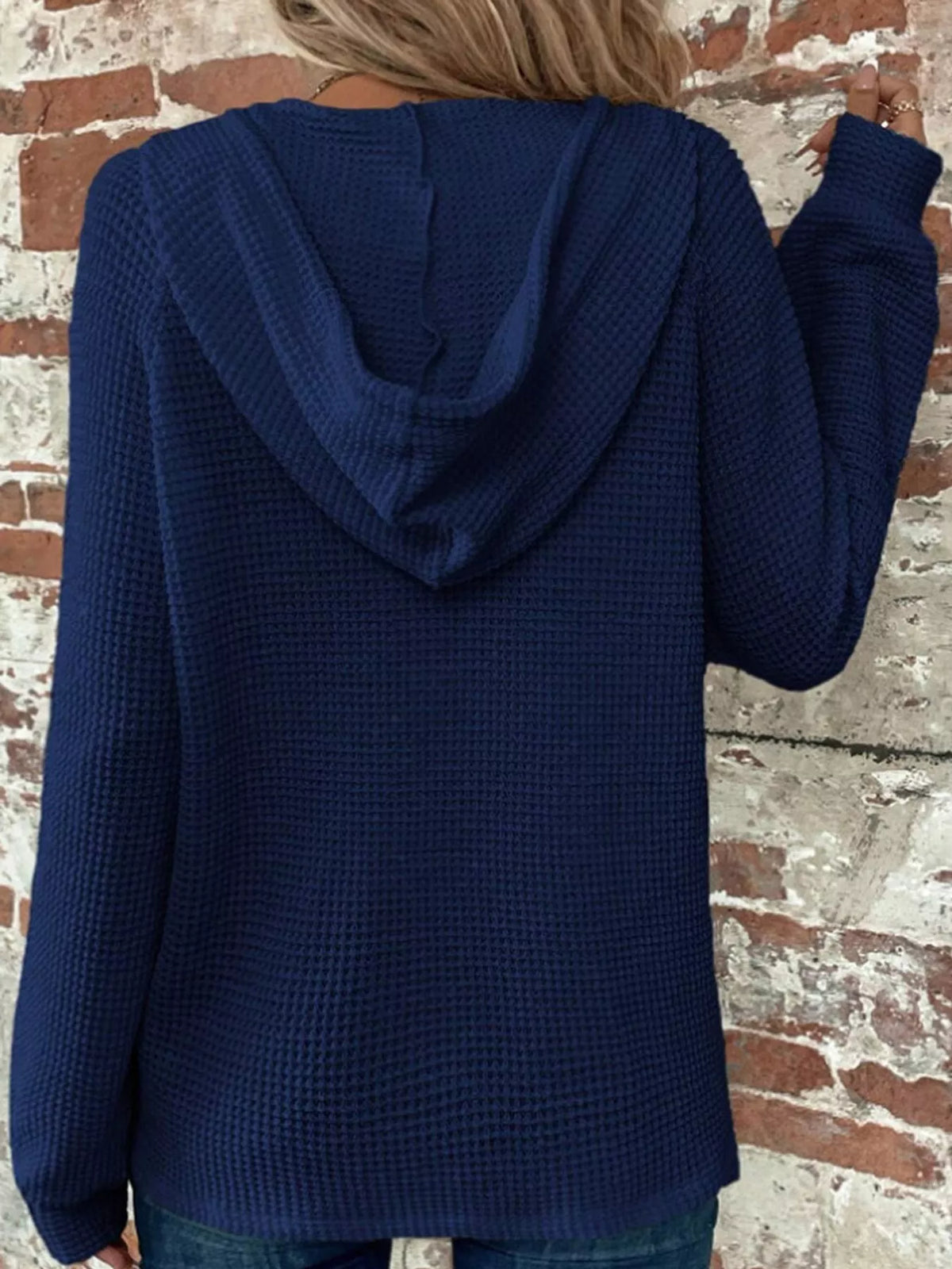 Plus size waffle knit half-button drawstring hoodie, view 21