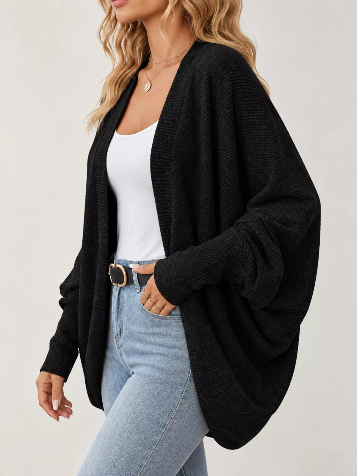 Open-front ribbed batwing sleeve cardigan, view 4