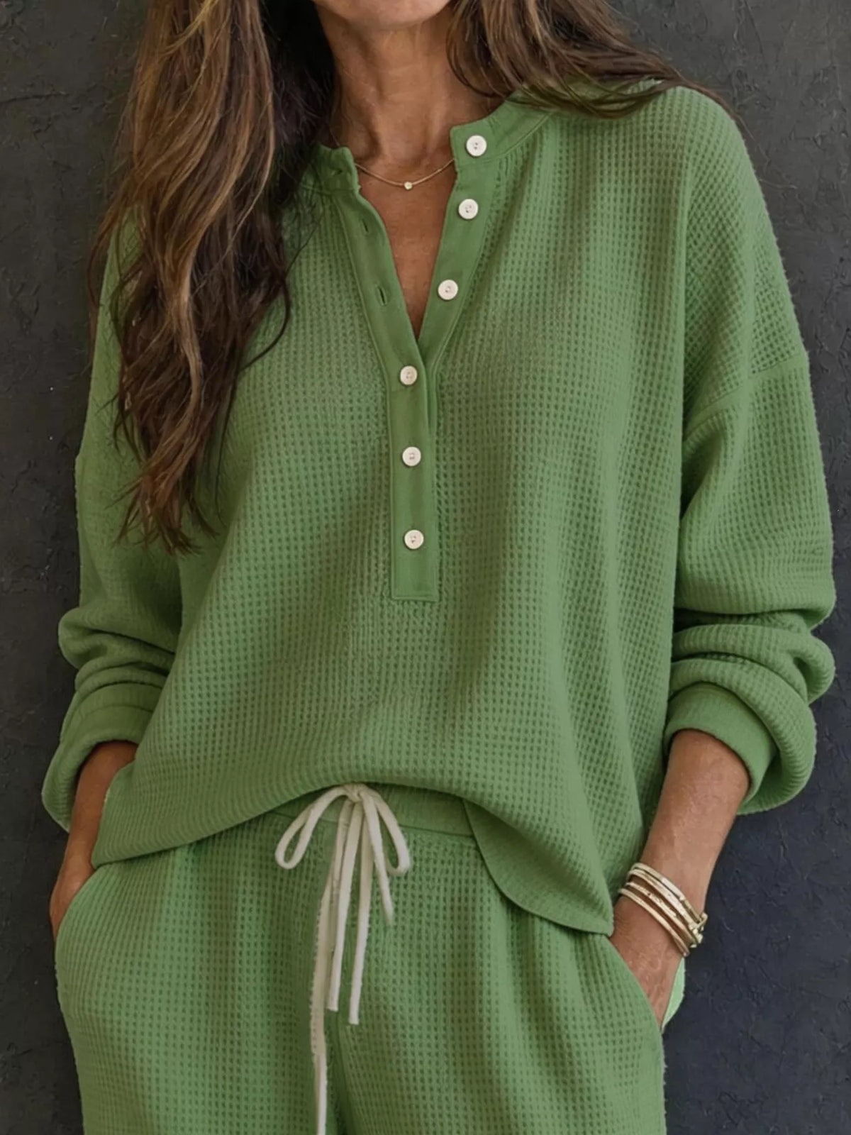Waffle knit henley top and wide leg pants set, view 14