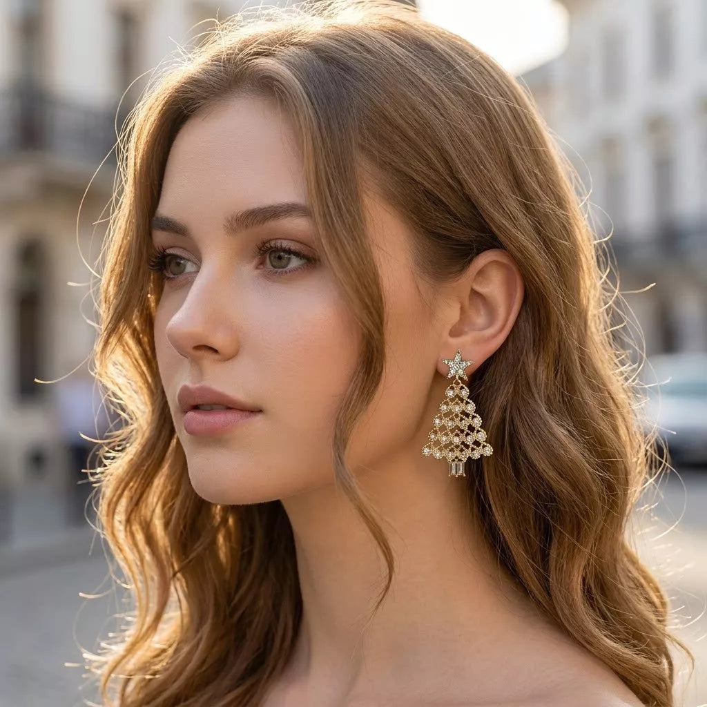 Christmas tree dangle earrings with zircon, view 3