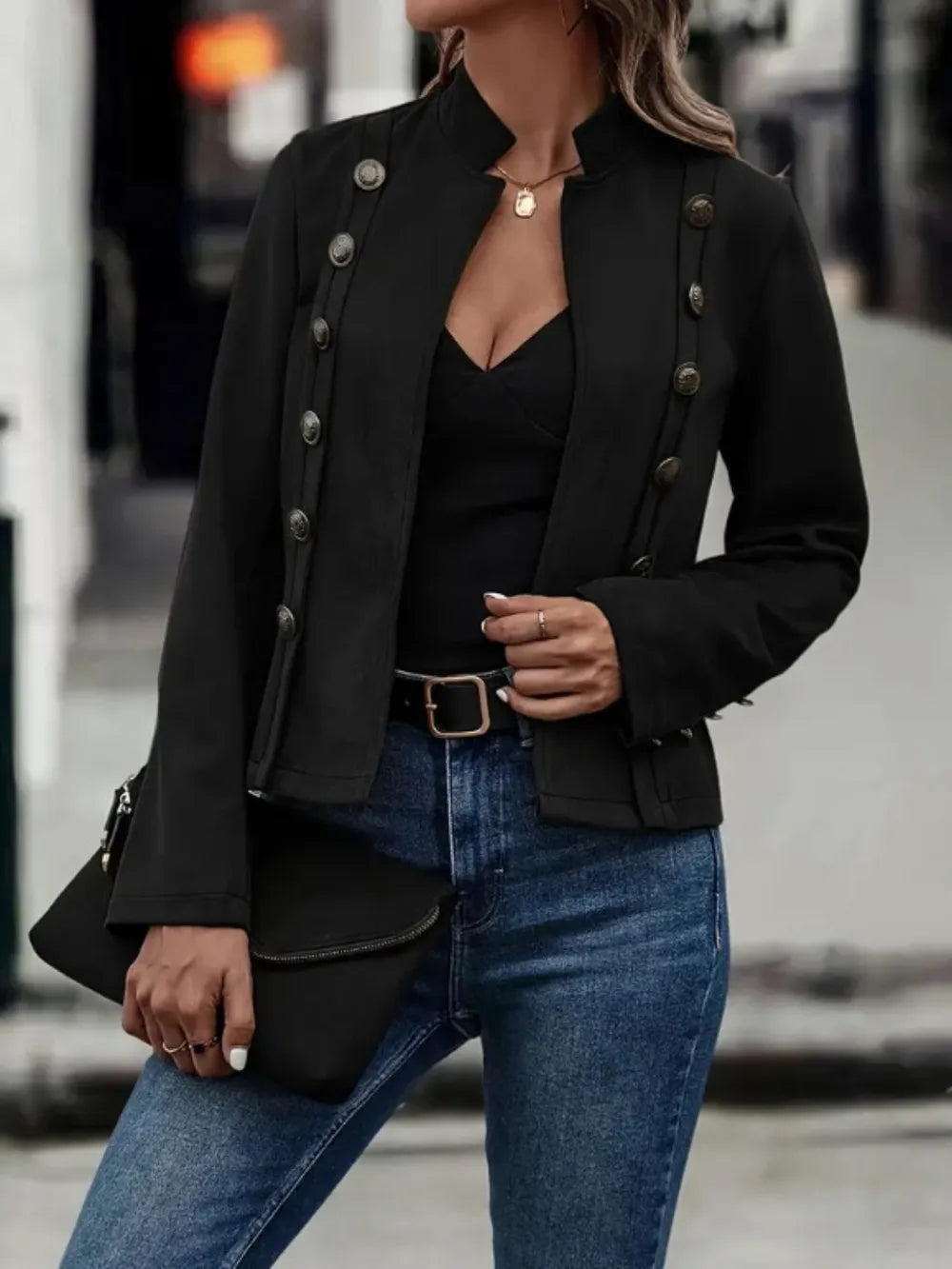 Open-front long sleeve jacket with decorative buttons, view 9