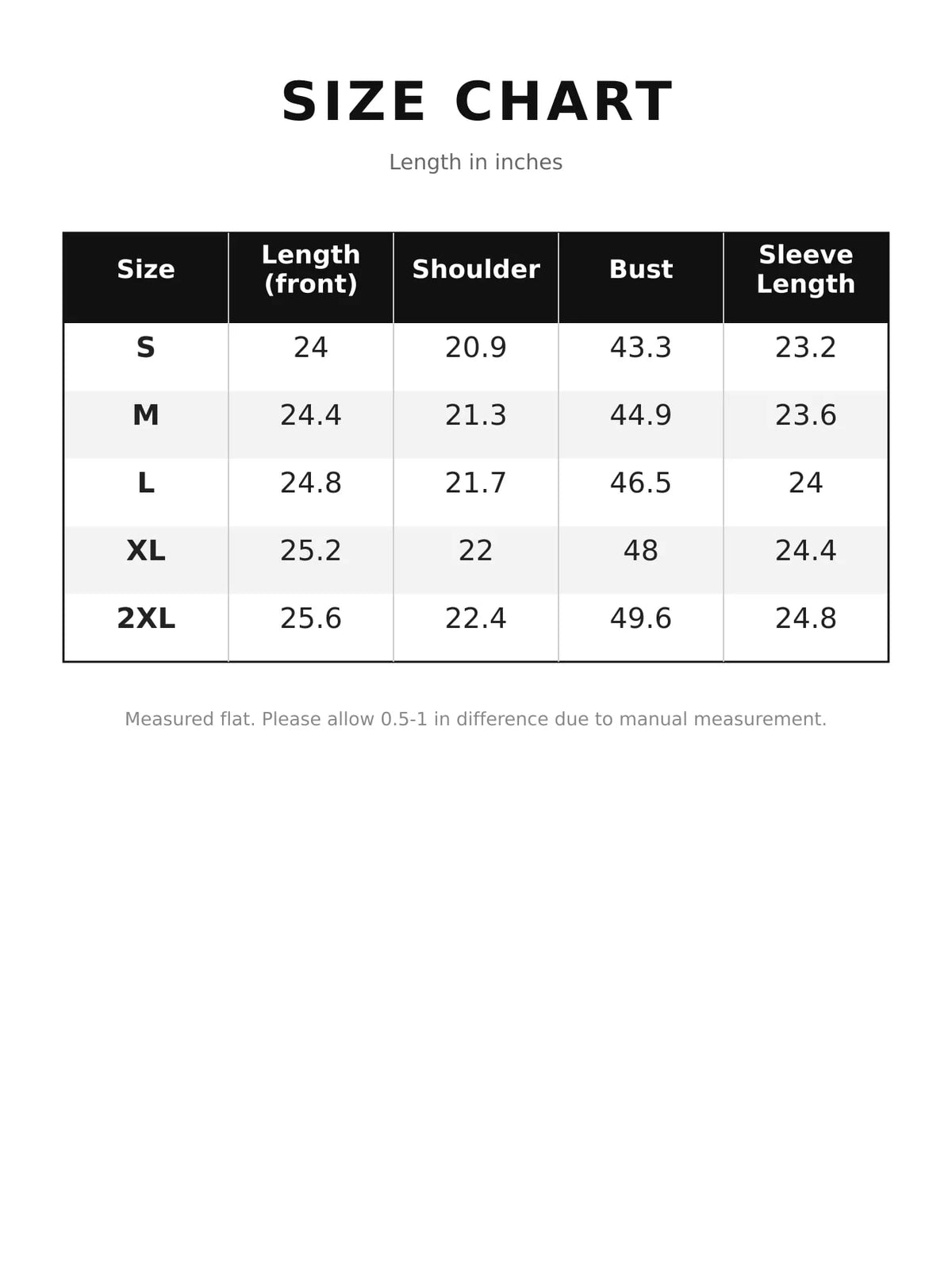Size chart for off-white padded button-up jacket with plaid cuffs