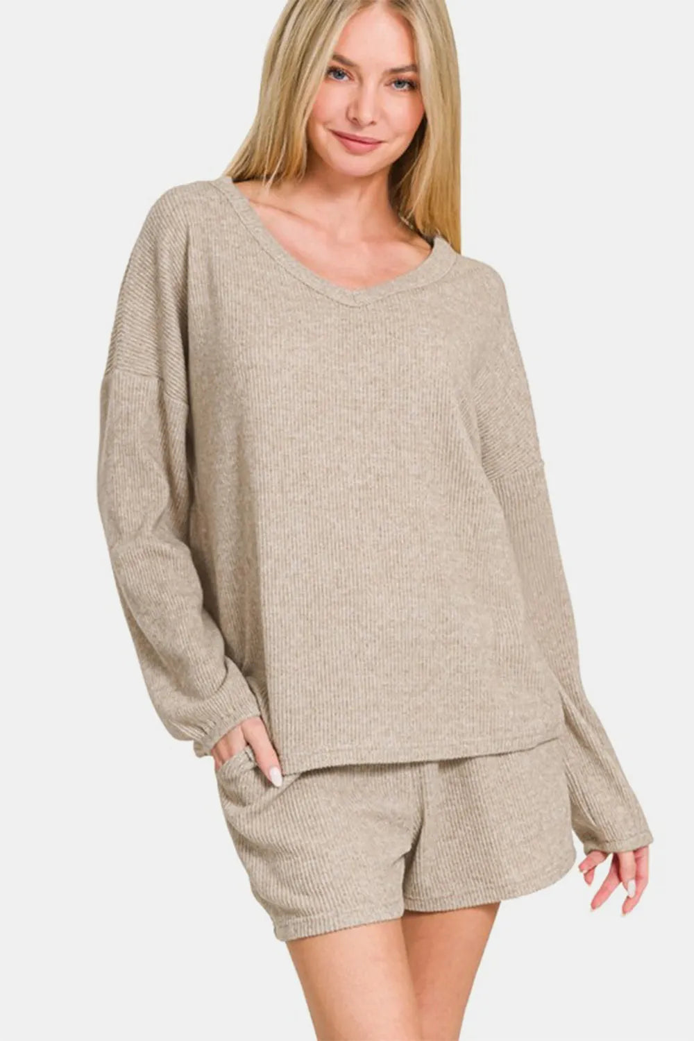 Zenana V-neck long sleeve ribbed top and matching shorts set in soft fabric, stylish and comfortable loungewear or casual outfit