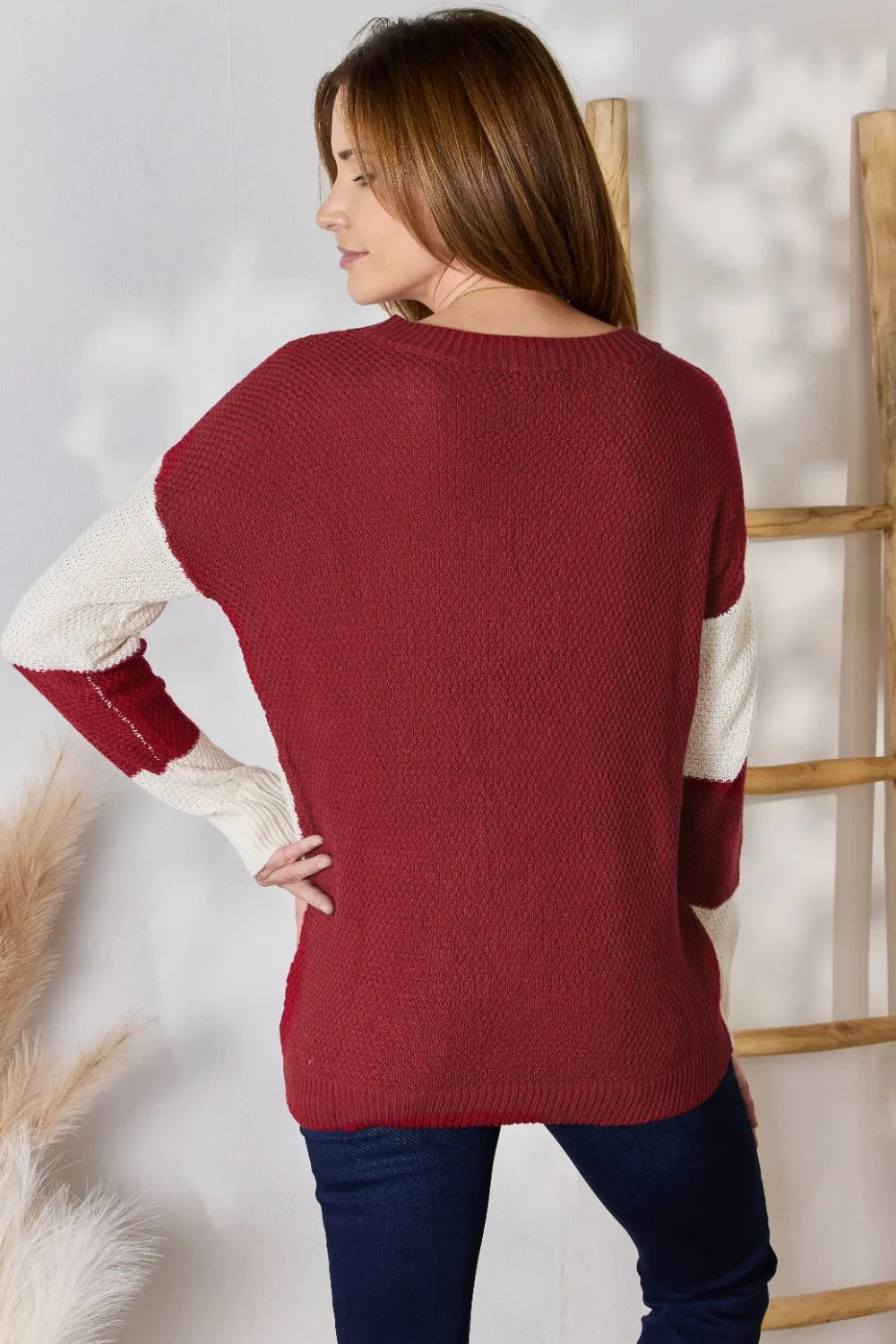 Color block dropped shoulder knit top by Hailey & Co, featuring a full size, stylish design with vibrant color blocking details.