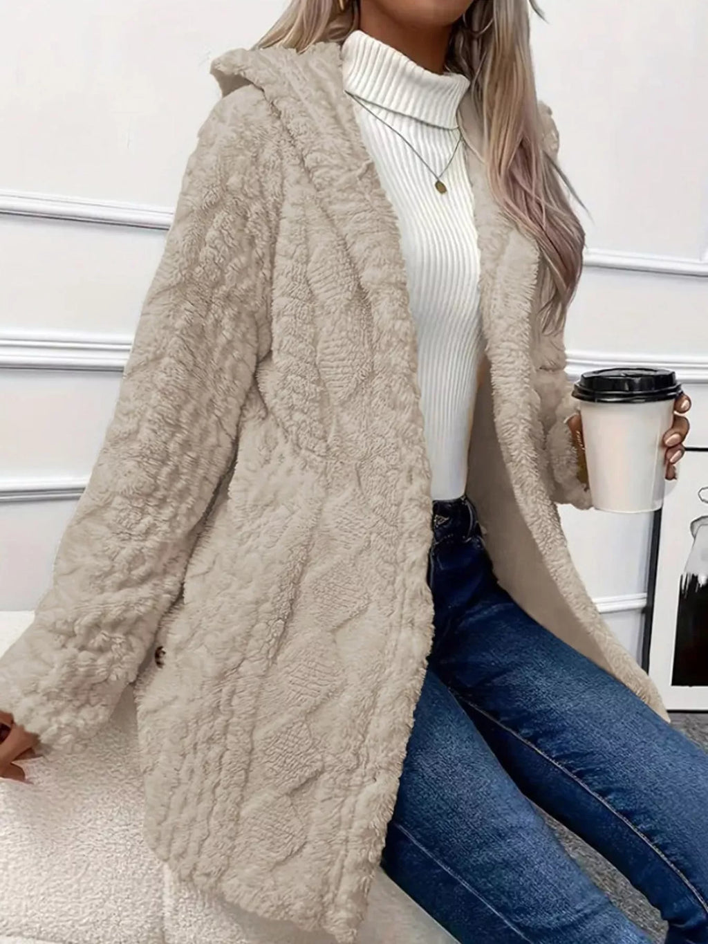 Full size cozy cable-knit faux fur hooded outerwear from Trendsi, plus size, featuring a warm, textured knit with plush faux fur trim.