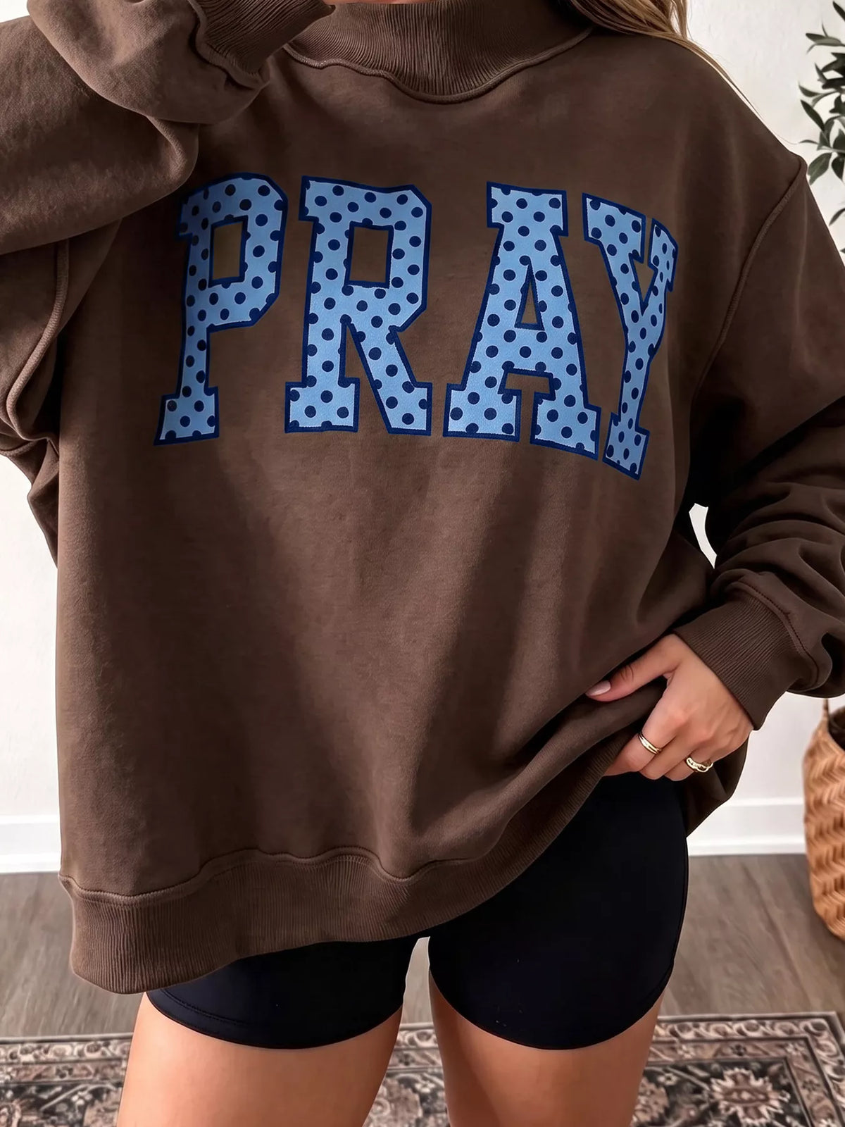 Dark brown PRAY polka dot embroidered mock neck sweatshirt, view 2