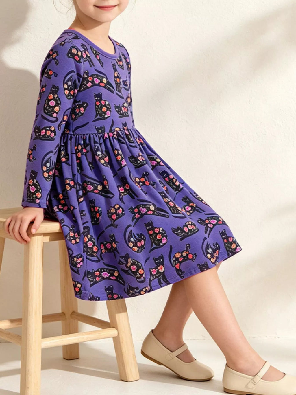Children's floral cat print long-sleeve A-line casual dress by Trendsi, featuring colorful floral and cat patterns on soft fabric.