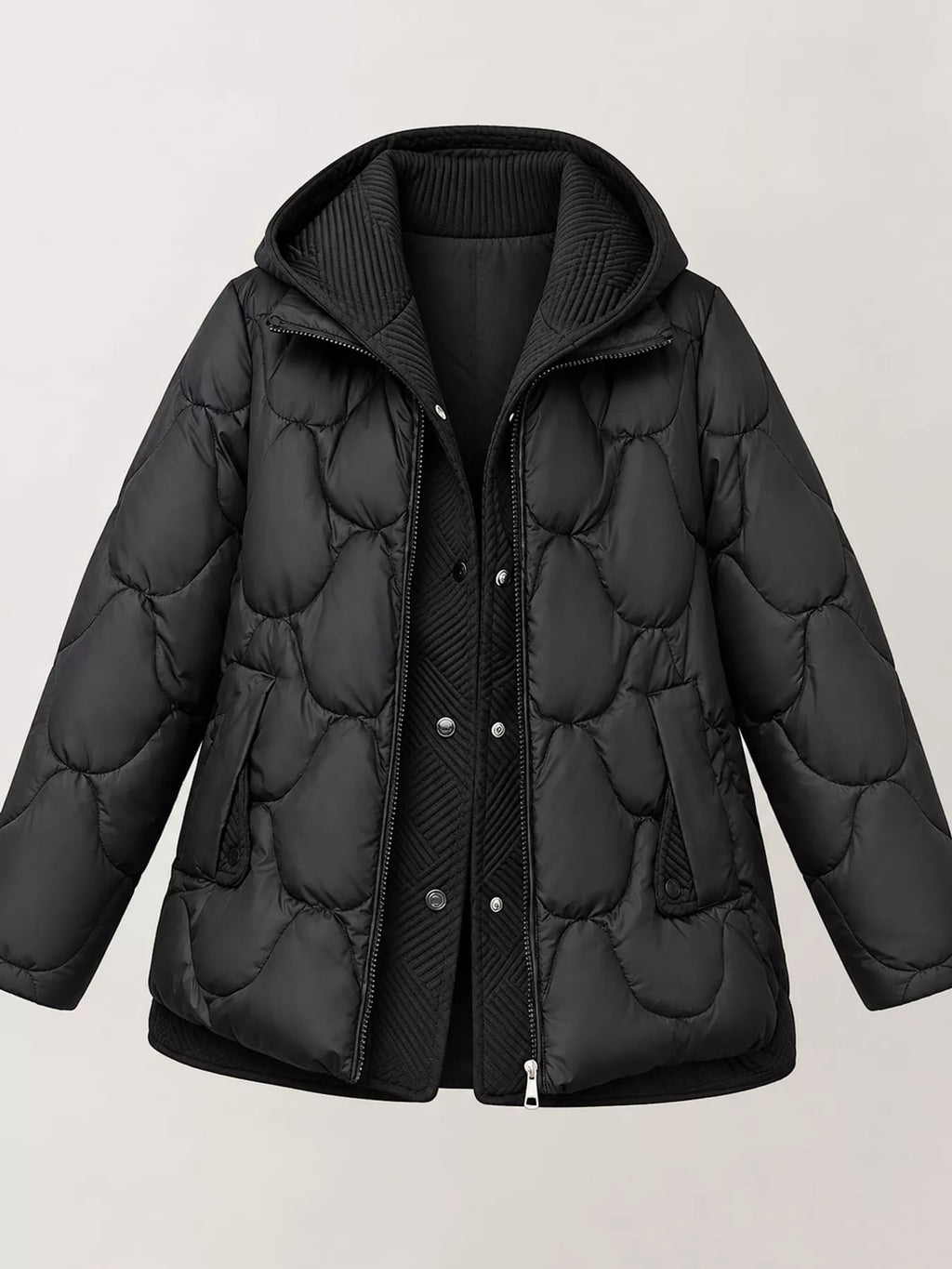Plus size quilted hooded puffer jacket with snap buttons, view 7