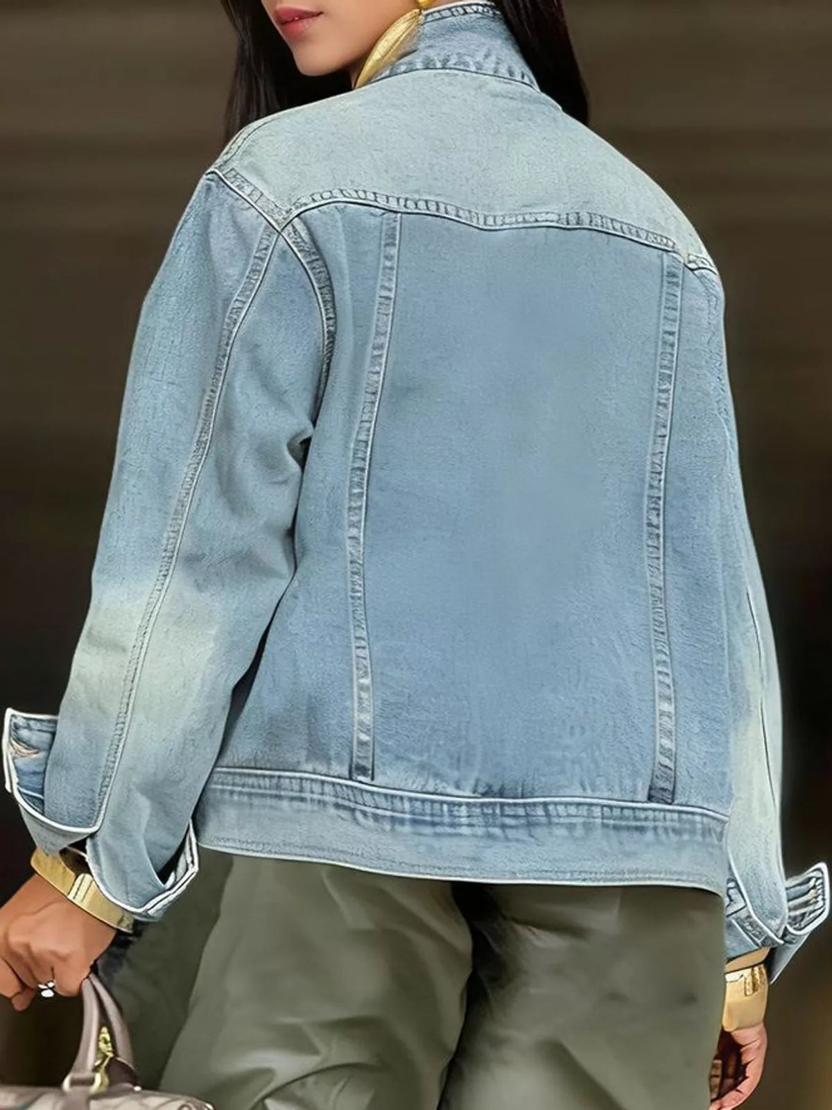 Light blue asymmetric button-up denim jacket, view 5