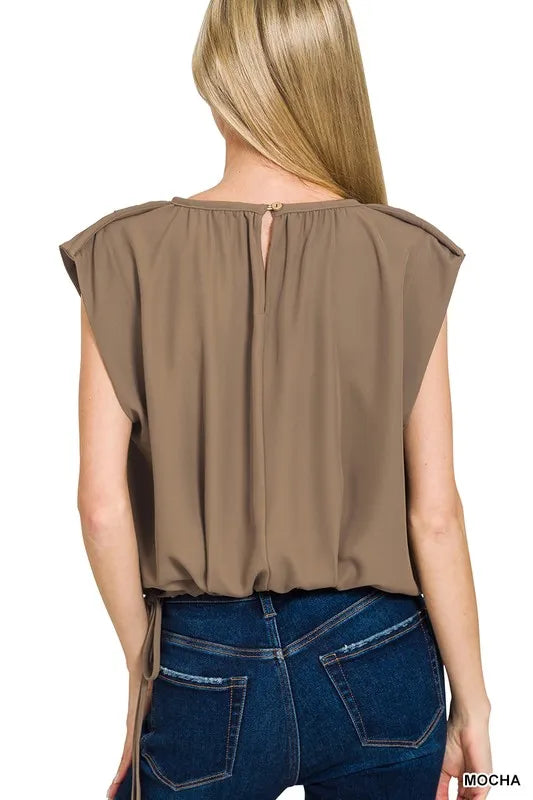Woven sleeveless top from Zenana with tie sides and drawstring detail, featuring a relaxed fit and casual style.