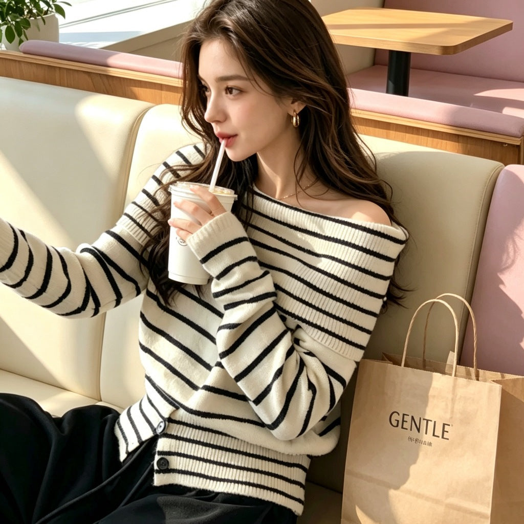 Single neck off shoulder striped sweater for women eprolo