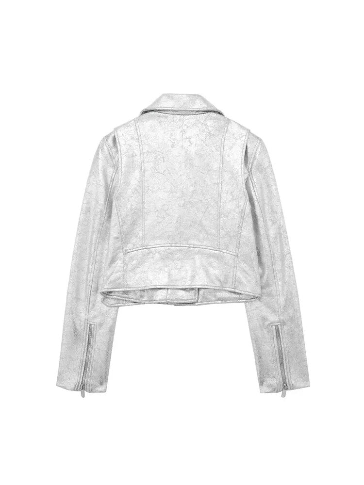 Faux Leather Jacket Women Silver Cropped Coat Woman Long Sleeve Bomber Jackets for Women Streetwear Autumn Jacket