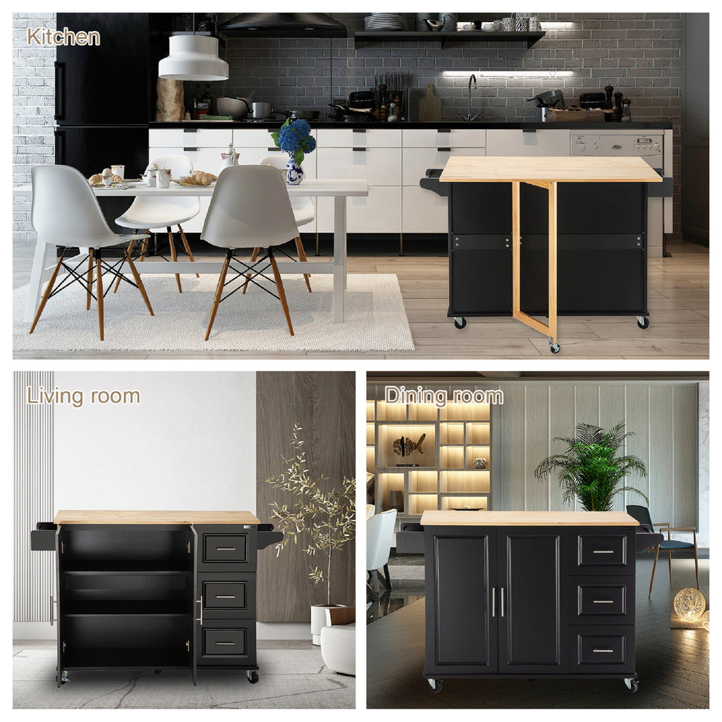 Black Rolling Kitchen Island with Extendable Rubber-Wood Top