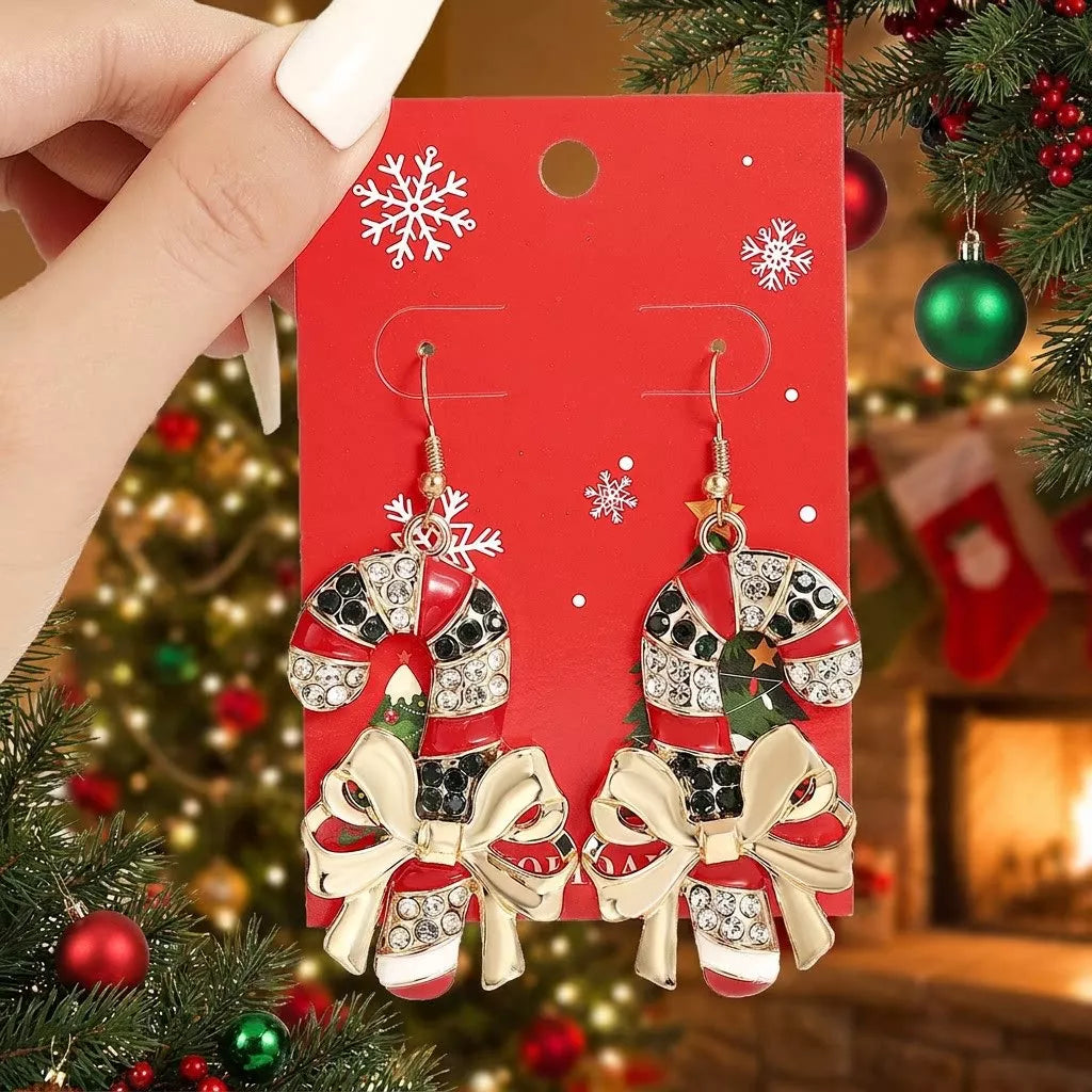 Red Christmas candy cane earrings with zircon, view 2
