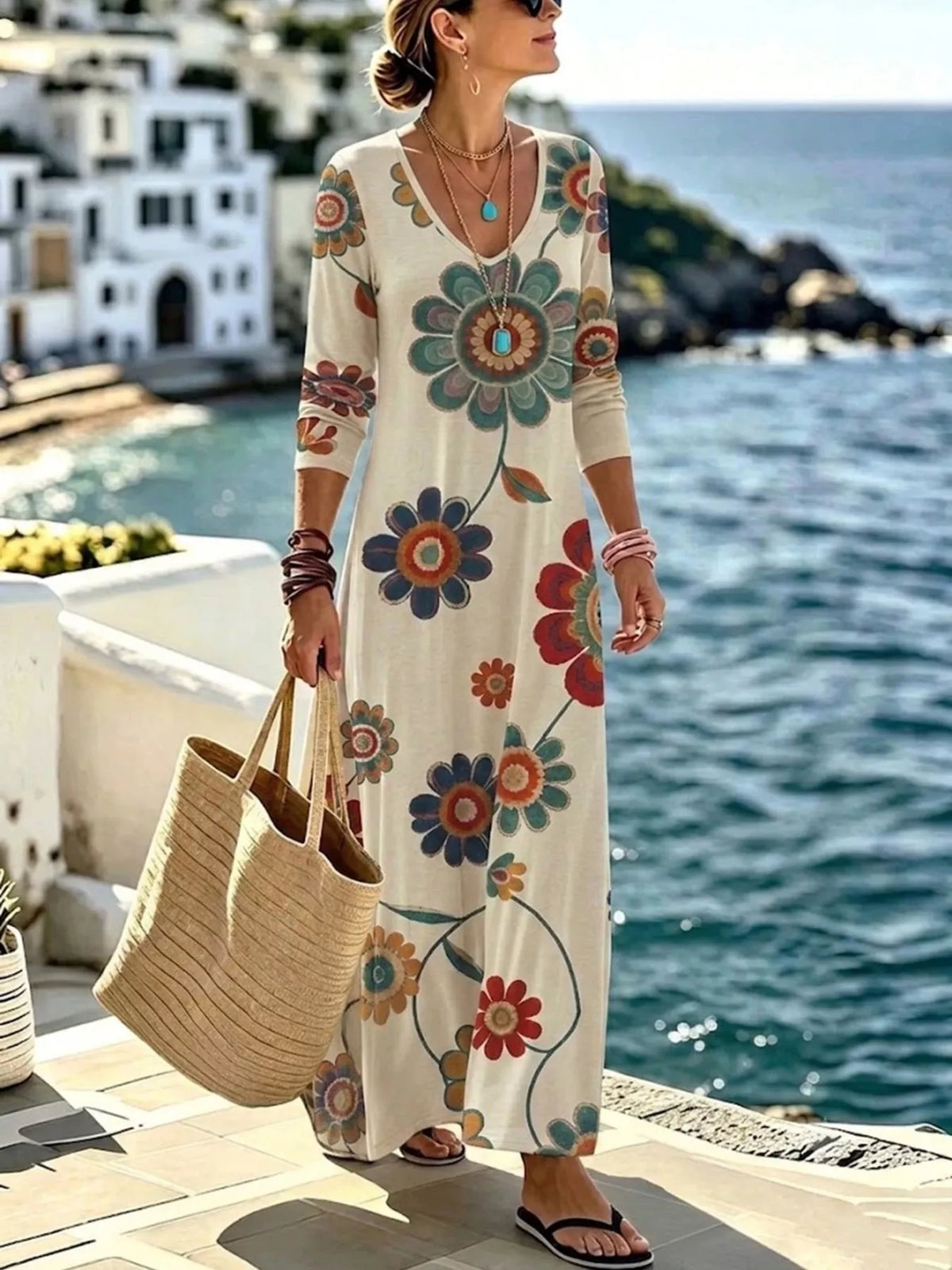 Floral print V-neck long sleeve maxi dress by Trendsi, flowing fabric, and vibrant floral pattern perfect for summer or spring occasions.