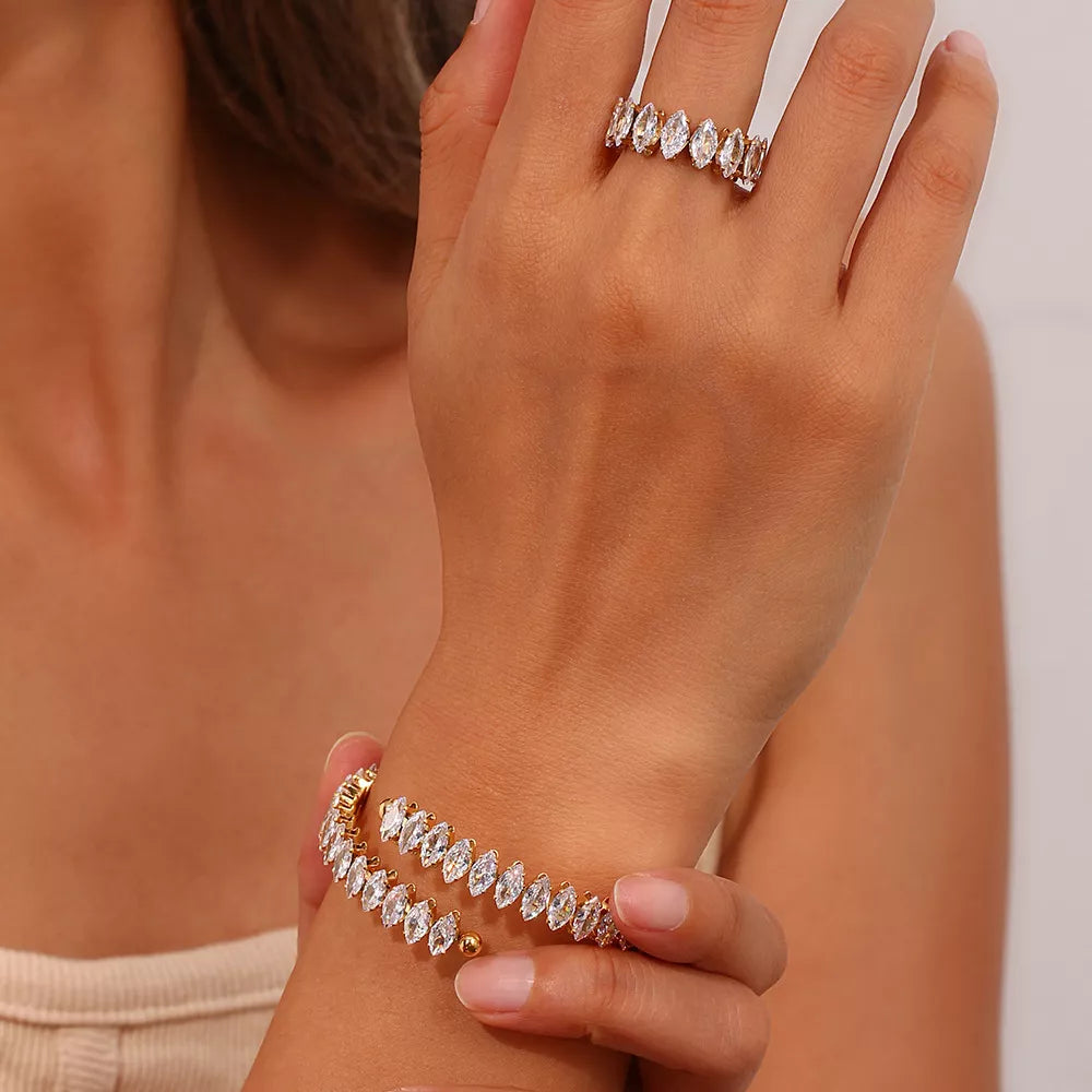 18K gold-plated zircon bracelet and ring jewelry set with sparkling stones, elegant for stylish accessories.