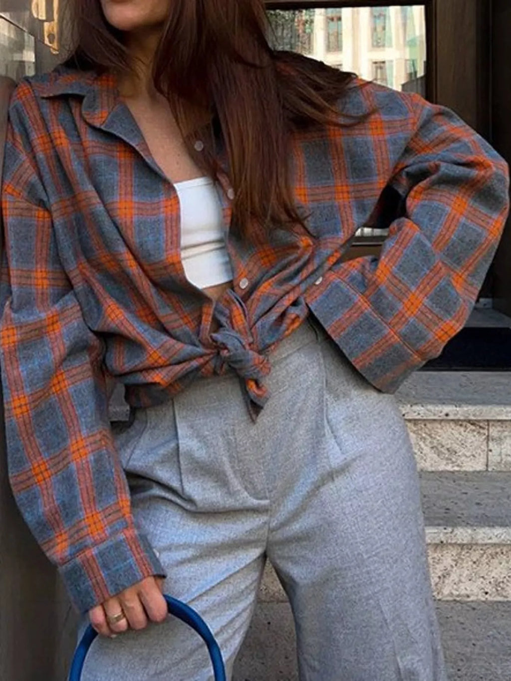Trendsi plaid button-up shirt featuring a classic checkered pattern and collar, displayed on a white background.