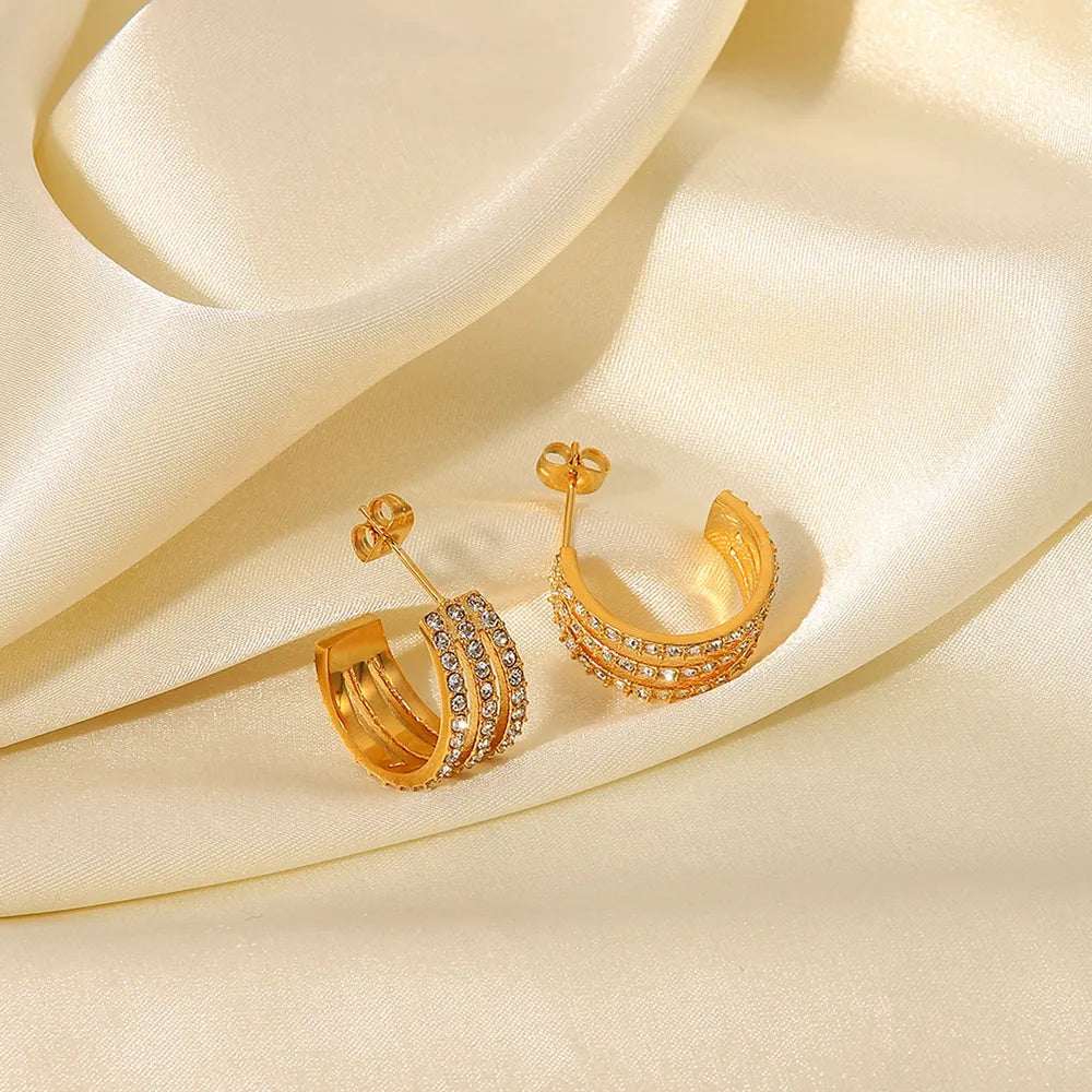 Stainless steel inlaid zircon C-hoop earrings with sparkling zircon accents and sleek design, by Trendsi.