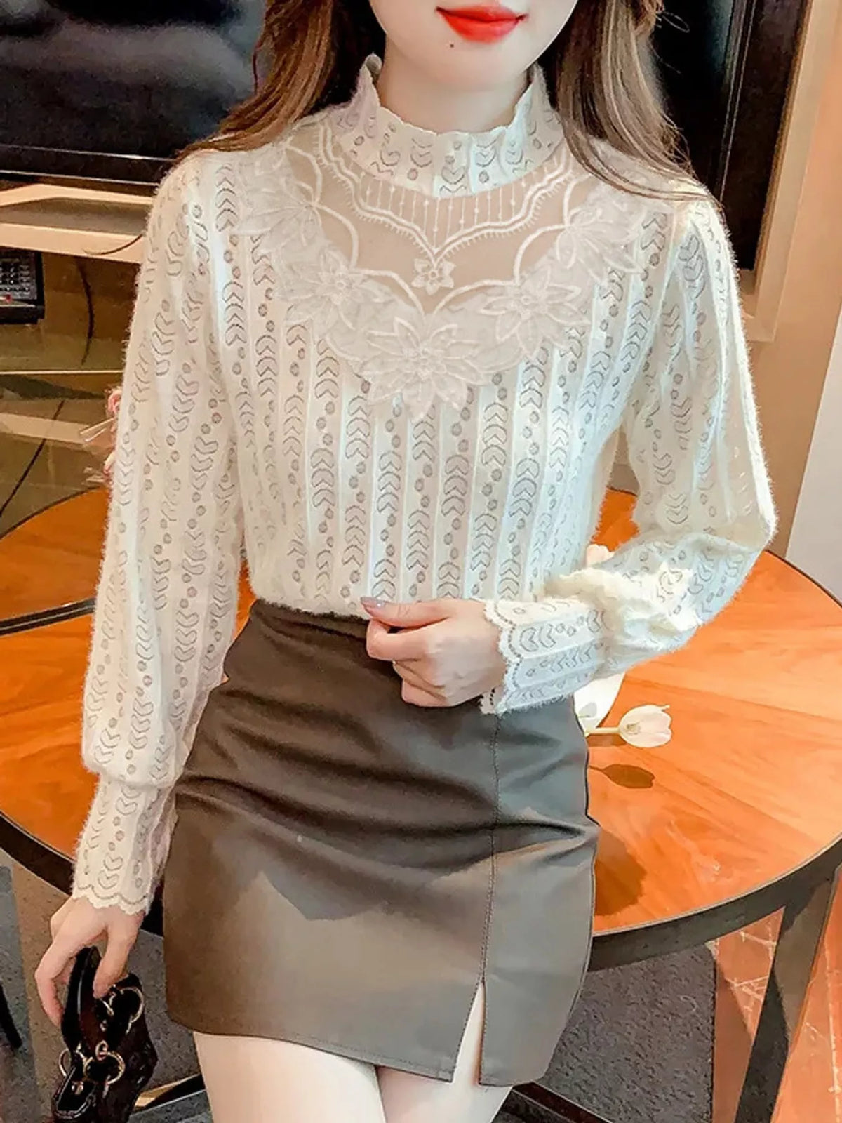 Plus size elegant mock neck lace blouse with sheer floral detailing, stylish and feminine by Trendsi.