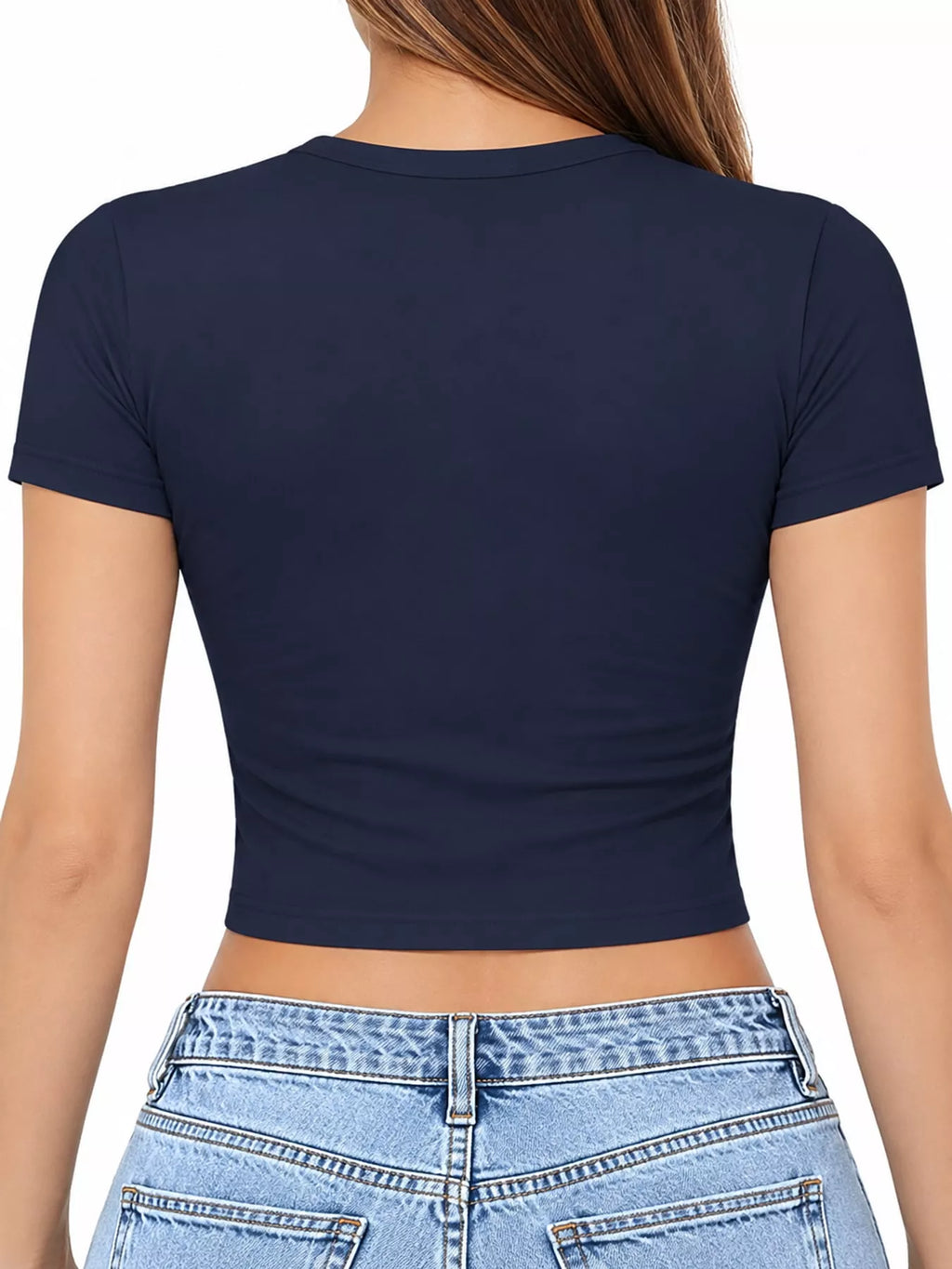 Slim fit basic crop T-shirt with crew neck and short sleeves, by Trendsi, shown in black on a white background.