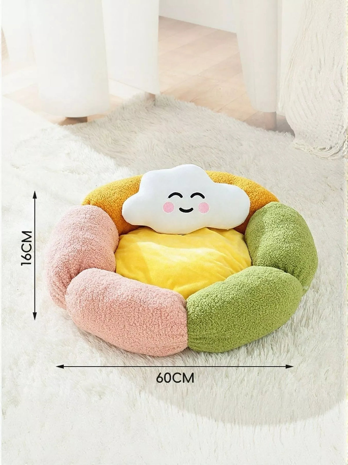 Soft round plush pet nest with cloud pillow from Trendsi, featuring a cozy, cushioned bed for small pets.