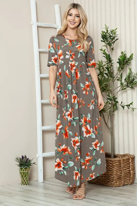 Trendsi BOMBOM floral round neck short sleeve maxi tee dress with colorful floral pattern and relaxed fit.