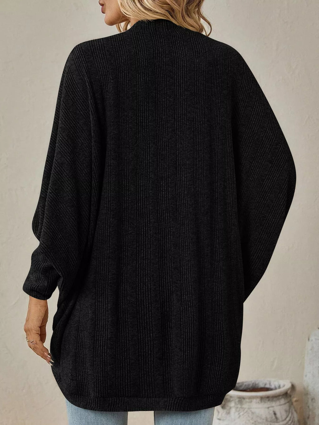 Open-front ribbed batwing sleeve cardigan, view 5