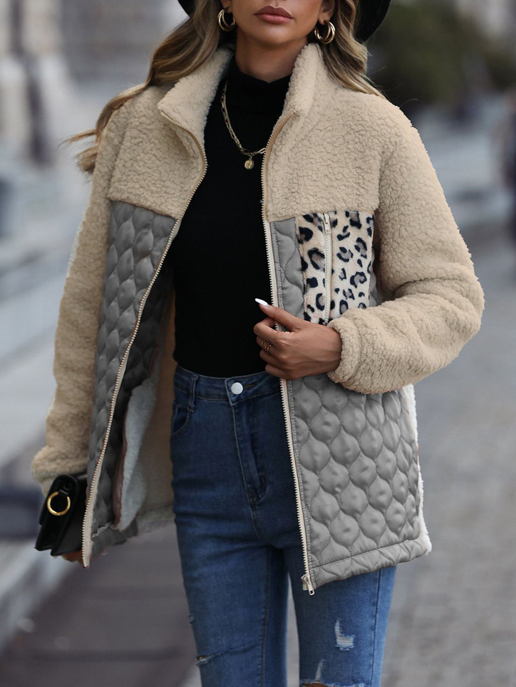 Leopard color block zip-up jacket, view 15