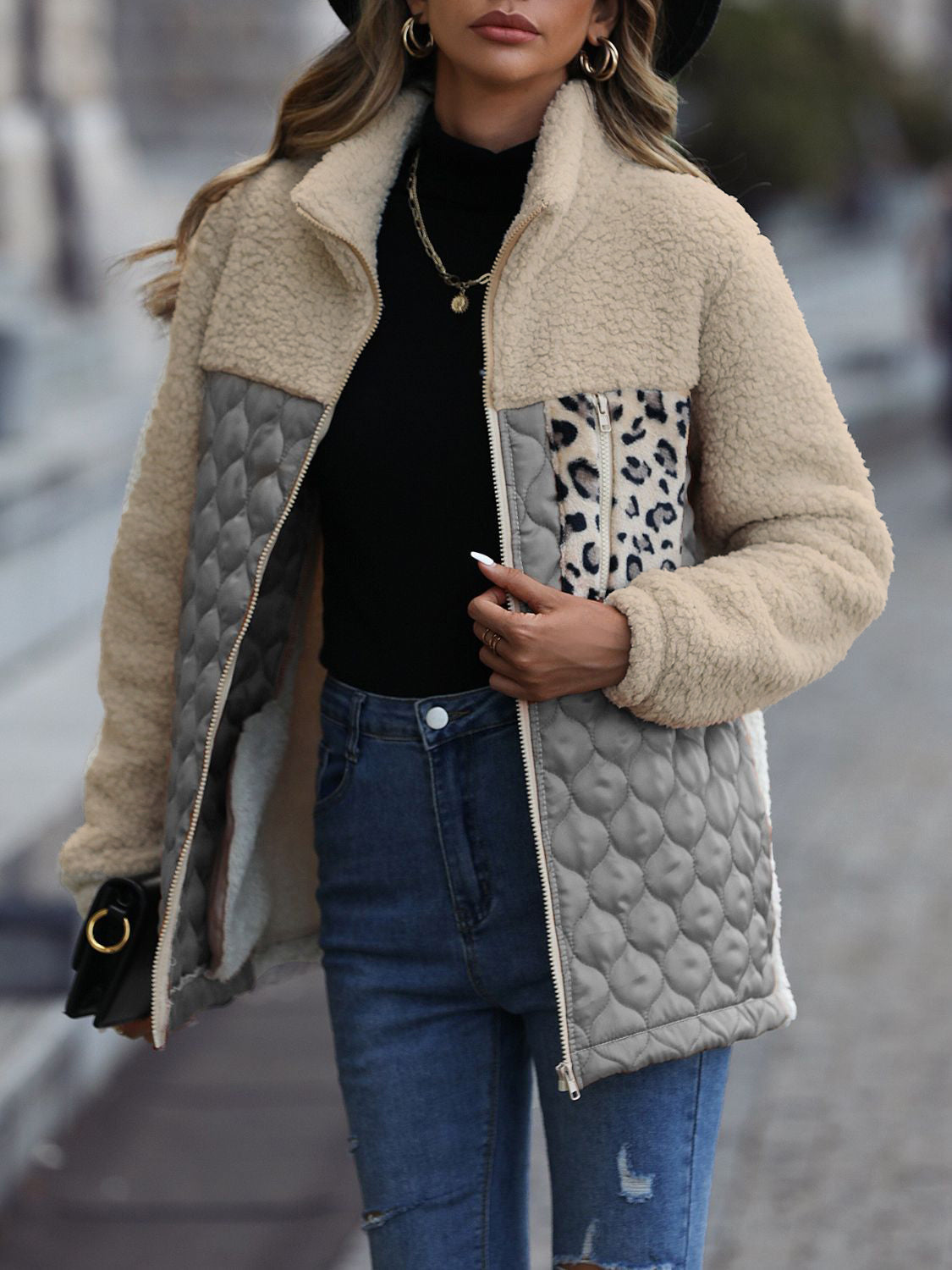 Leopard color block zip-up jacket, view 15